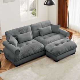 Over Size Modern Two-seater Sofa with Ottoman, Velvet 2-Seater with Round Bolster Armrests,With Waist Pillow and Throw Pillows