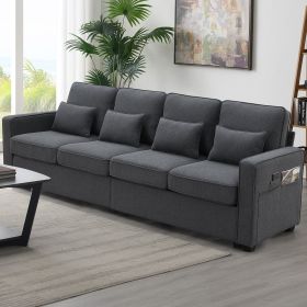 [VIDEO provided] [New] 104" 4-Seater Modern Linen Fabric Sofa with Armrest Pockets and 4 Pillows,Minimalist Style Couch for Living Room, Apartmen