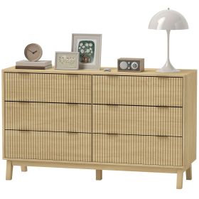 HOMCOM 6 Drawer Double Dresser for Bedroom, Fluted Chest of Drawers with Gold Finger Pulls and 5 Wood Legs, Natural Wood