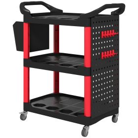 3-Tier Rolling Tool Cart, 200 LBS Capacity Plastic Utility Cart With Side Shelf And Storage Bucket, Black & Red (Color: Red)