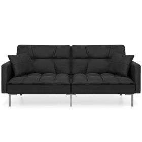 Plush Gray Split-Back Design Convertible Linen Tufted Futon w/ 2 Pillows (Color: Black)
