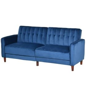 Mid-Century Modern Futon Sleeper Sofa Bed in Black Velvet Upholstery (Color: Blue)