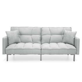 Plush Gray Split-Back Design Convertible Linen Tufted Futon w/ 2 Pillows (Color: Grey)