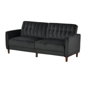 Mid-Century Modern Futon Sleeper Sofa Bed in Black Velvet Upholstery (Color: Black)