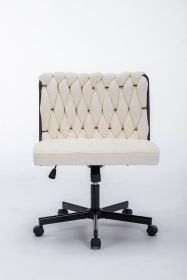 Criss Cross Legged Office Desk Chair with Wheels, Modern Armless Desk Chair with Wide Seat, Home Office Chairs for Work, Meditation, Vanity (Color: White)